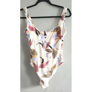 L*Space Swimsuit Womens Size 10 Floral One Piece  Scoop Back cream Butto…